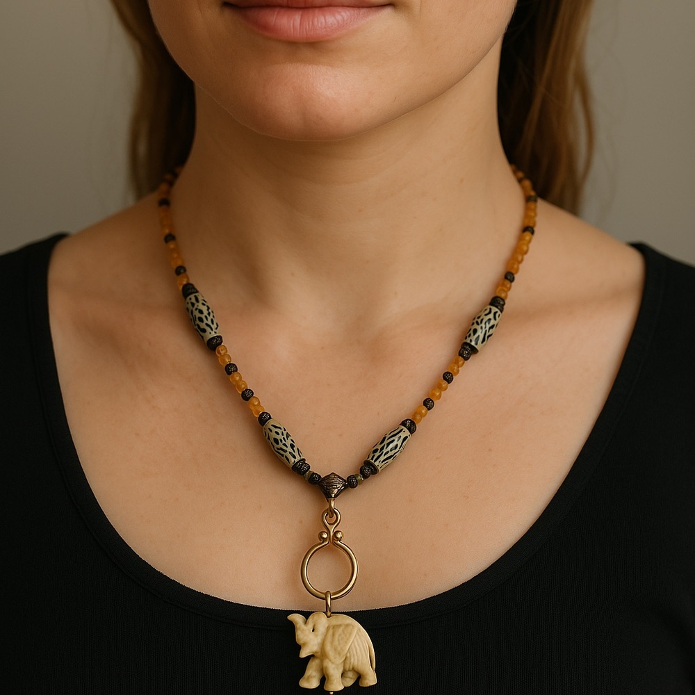 Elephant Bead Necklace Animal Print 17” long toggle closure